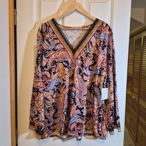 Stella + Ginger Womens 2X Paisley V-Neck Tunic Top Multicolor Boho Crochet Trim
